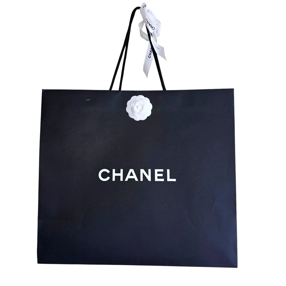 CHANEL Authentic Shopping Bag Large Black White Camellia Ribbon Luxury Bag Good